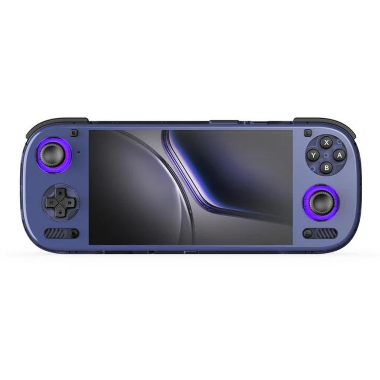Blue handheld game console with 6-inch screen, dual thumbsticks, and button labels on right.