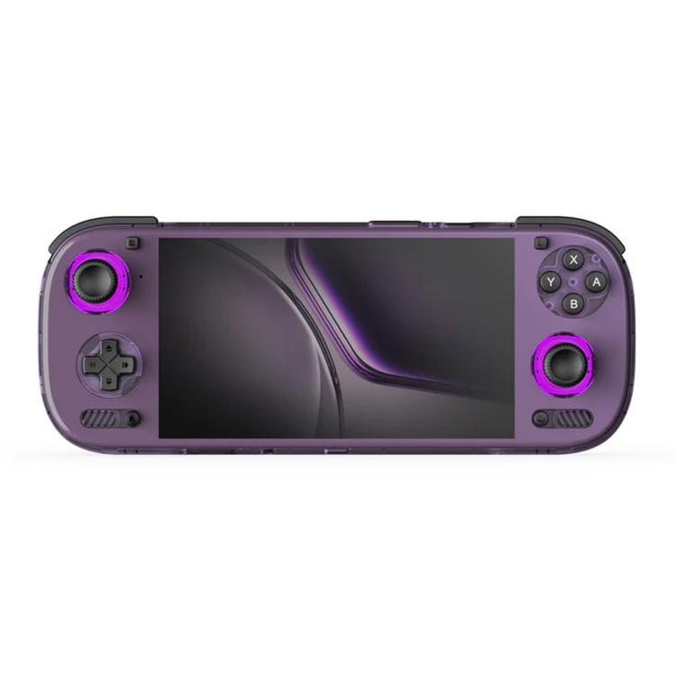 Purple handheld game console with 6-inch screen, dual thumbsticks, and right-side button cluster.