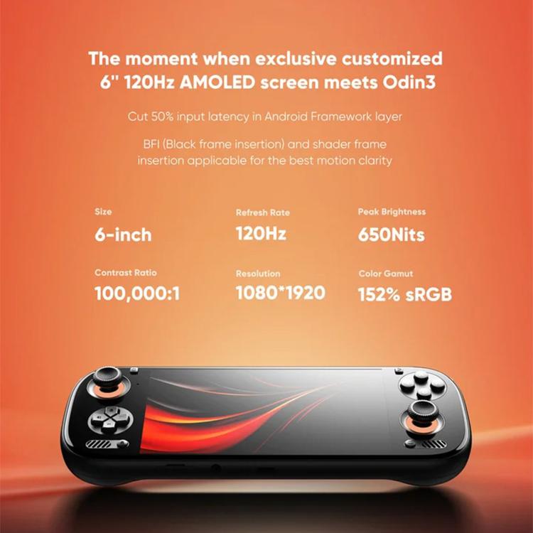 Handheld game console front view with analog sticks and colorful screen UI