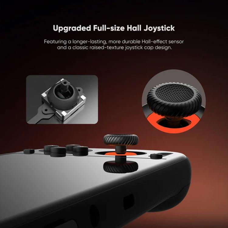 Handheld game console with upgraded full-size Hall joystick and textured cap close-up