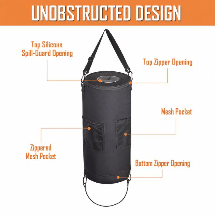 Black trash can bag with mesh side pocket and bottom zipper opening, carrying straps