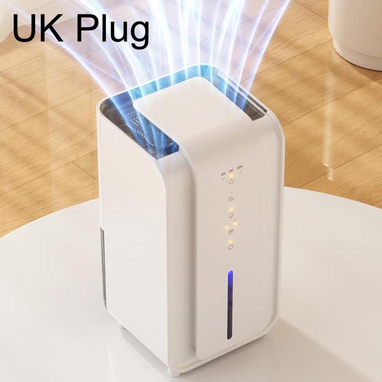 White small home dehumidifier with UK-style plug, front air intake and indicator lights