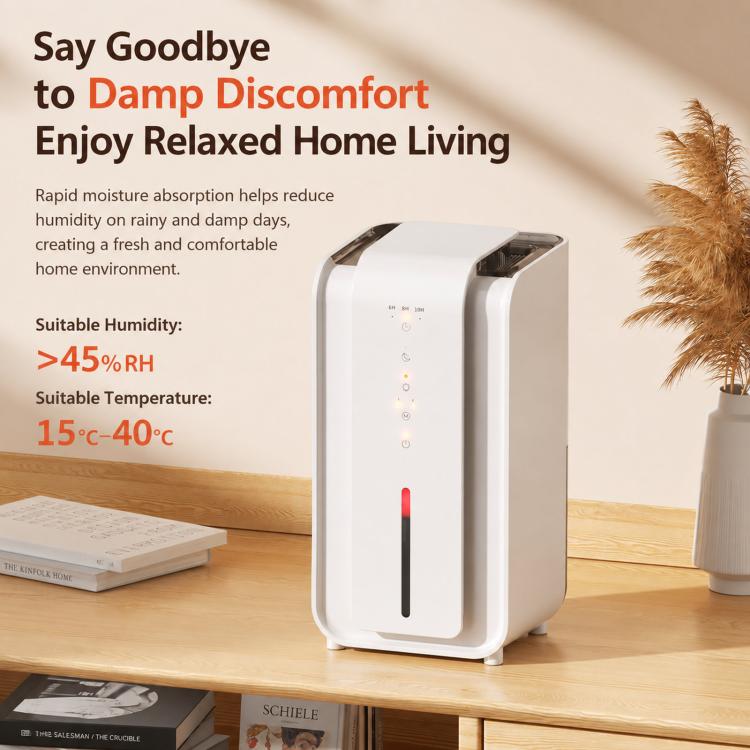 White compact dehumidifier standing on a tabletop, front vent and light indicator