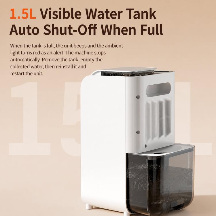 White dehumidifier with visible water tank, front vent and drain opening