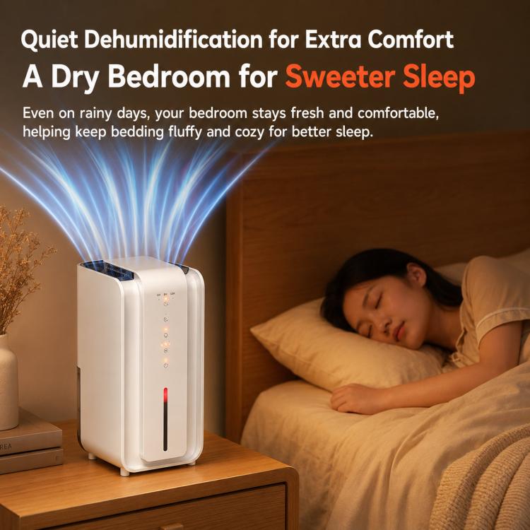 White small dehumidifier with front indicator light, placed beside a bed