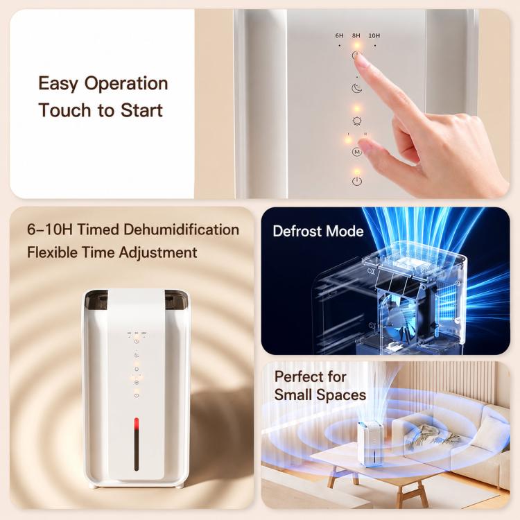 White dehumidifier with control panel and blue light, touch start and timer icons