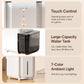 White dehumidifier showing front controls, large visible water tank, and blue light