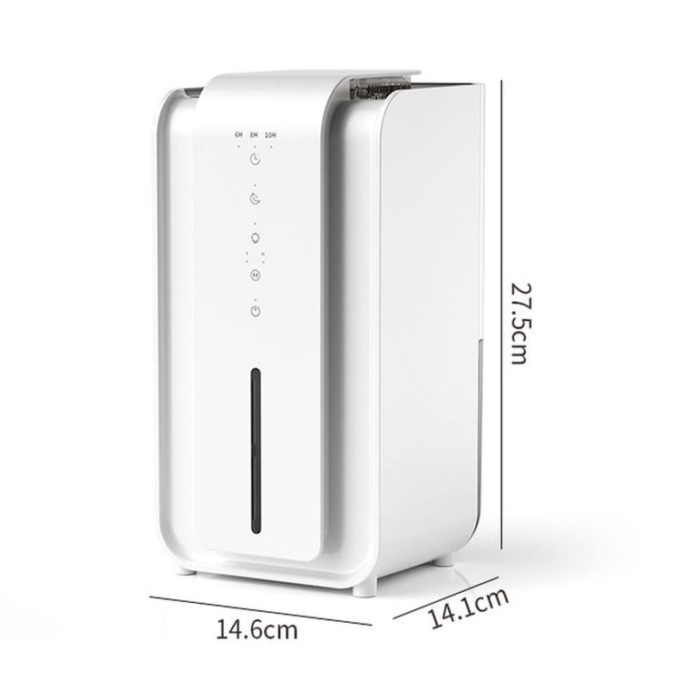 White compact dehumidifier with side dimensions, front vent and indicator panel