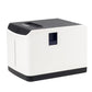 White thermal printer with black base and paper access slot on top