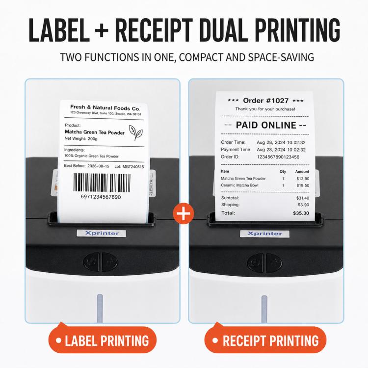 Dual thermal printing printer showing label and receipt output