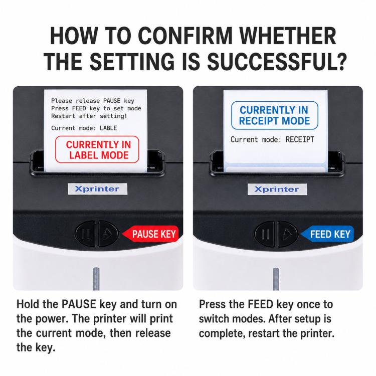Thermal printer control panel with mode screens for label and receipt