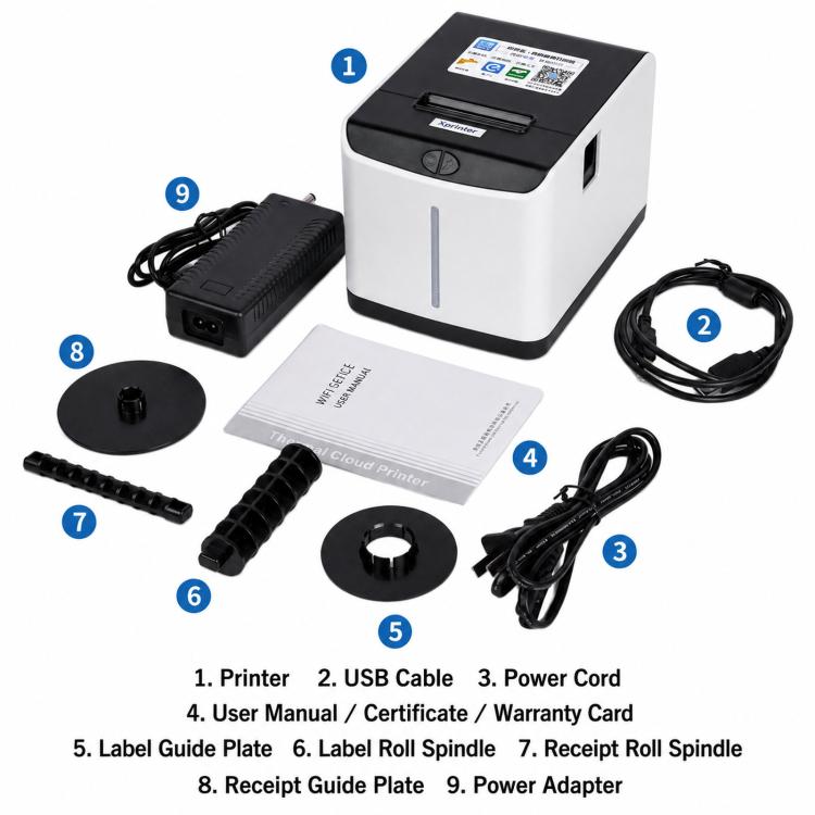 Thermal label printer kit with power adapter, USB cable, and user manual