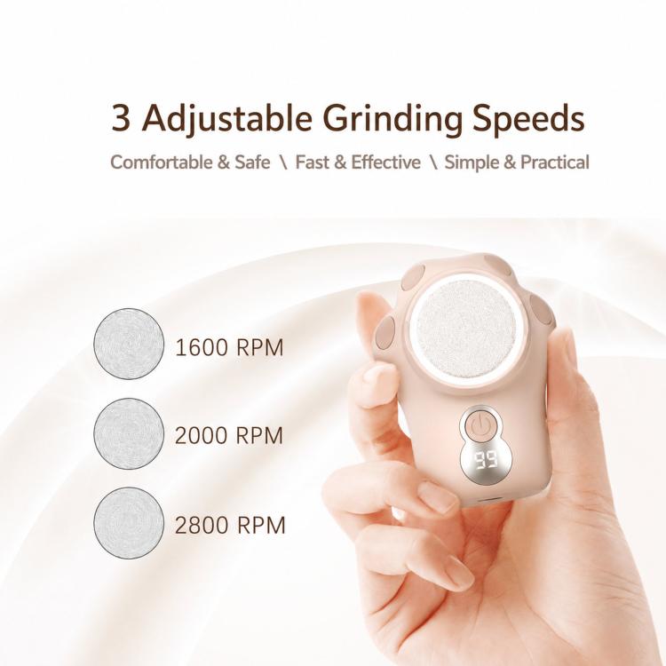 Rechargeable foot callus remover with round grinding head, shown in a hand