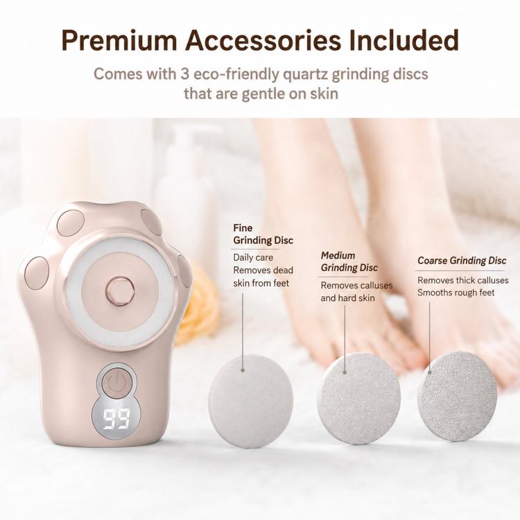Foot callus remover with three quartz grinding discs: fine, medium, and coarse