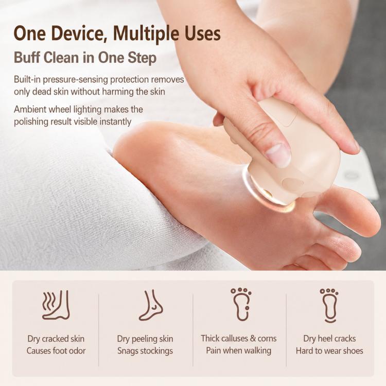 Rechargeable foot callus remover polishing a heel, with handheld circular grinding head