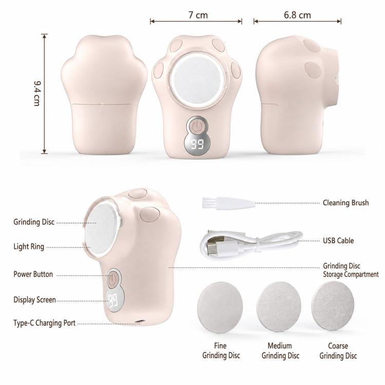 Foot callus remover with size diagram and three included grinding discs
