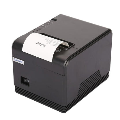 Black thermal receipt printer with front paper feed and top label holder
