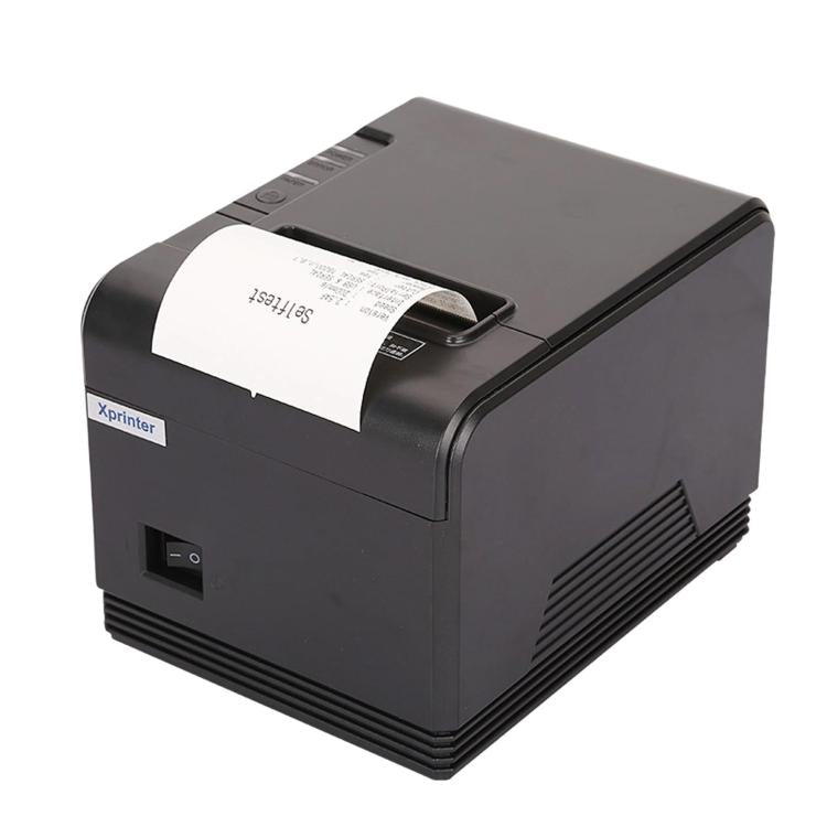 Compact black thermal receipt printer with top paper tray and front indicator panel
