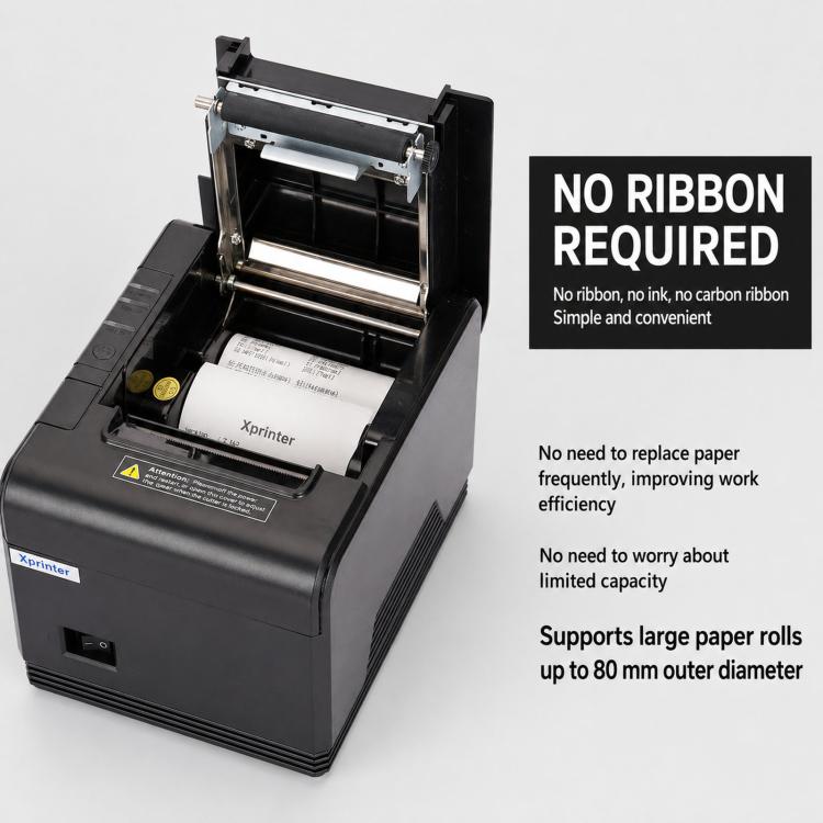 Black thermal receipt printer with top cover open, showing print mechanism