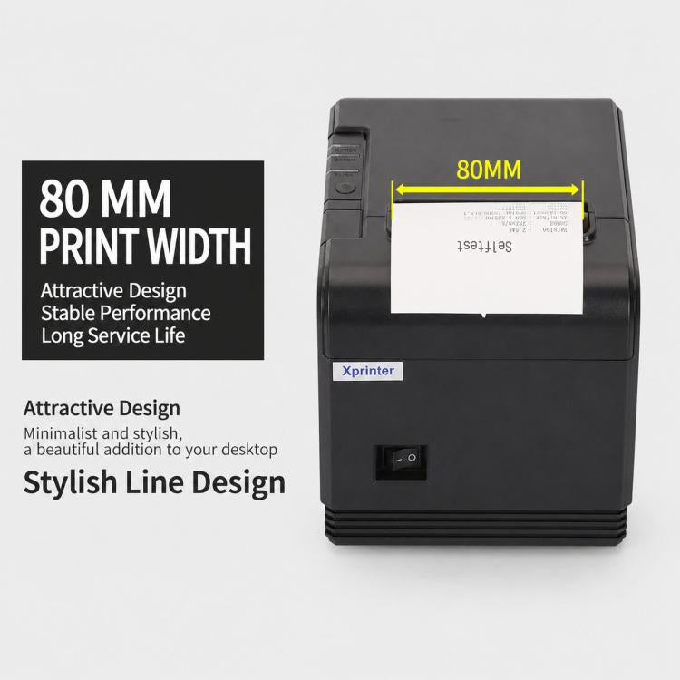 Front view of black 80mm thermal receipt printer with power switch and paper width