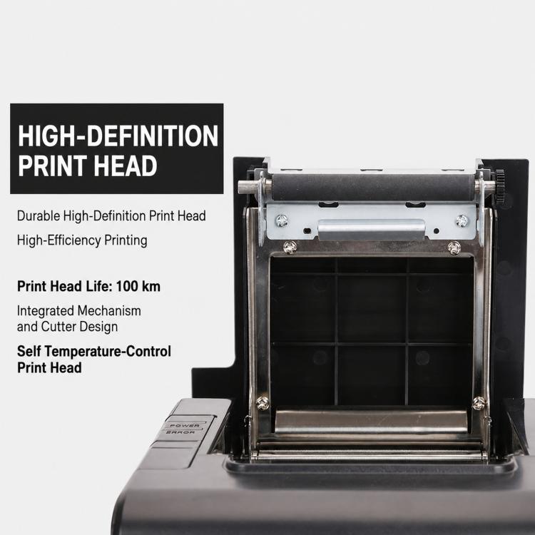 Thermal receipt printer with print head assembly visible behind open front cover