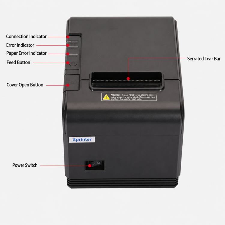 Black thermal receipt printer back panel with indicator lights, tear bar, and feed button