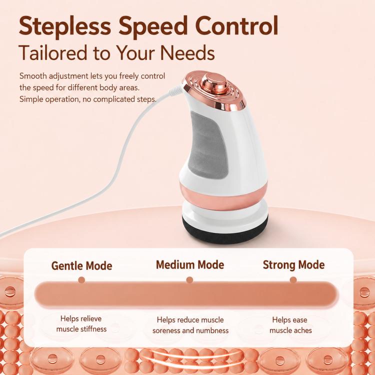 Handheld electric massager with rose-gold top, white body, and black base