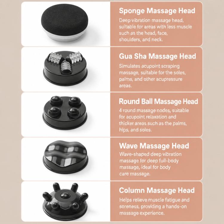 Five interchangeable massage heads for handheld electric massager, black designs