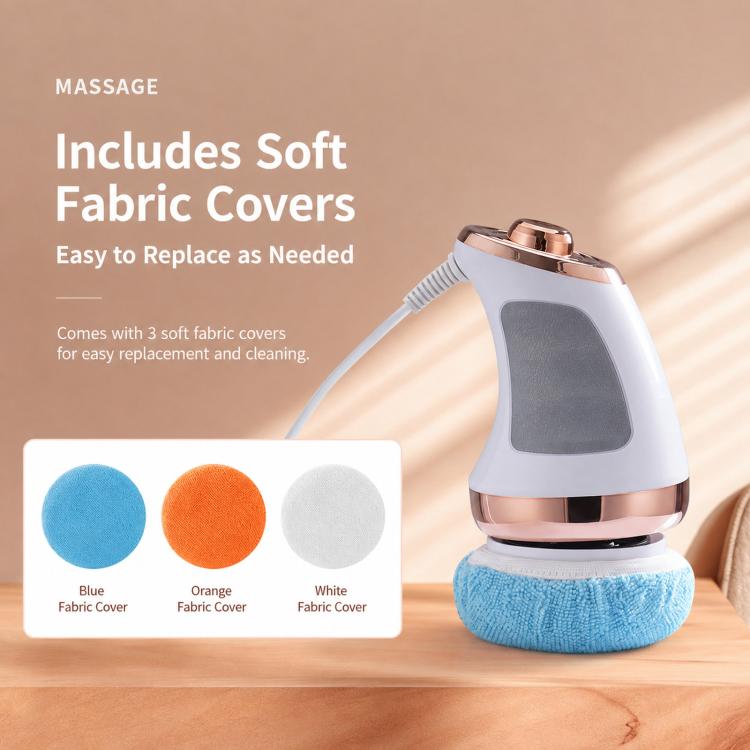 Handheld electric massager with soft fabric covers (blue, orange, white) and cord