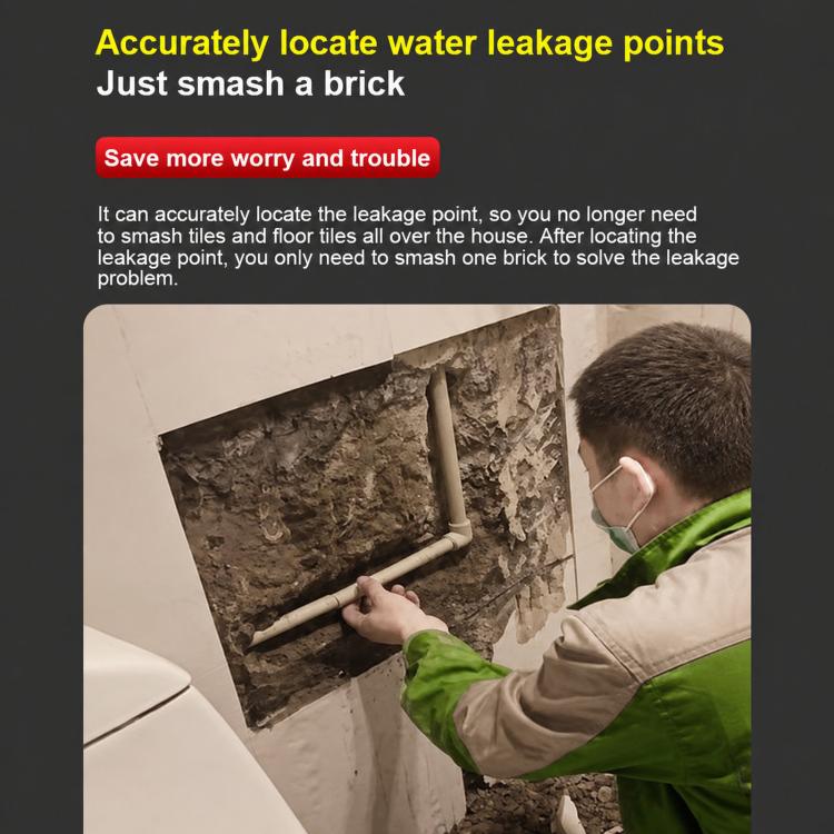 Portable water leak detector held against wall near pipe for leak pinpointing