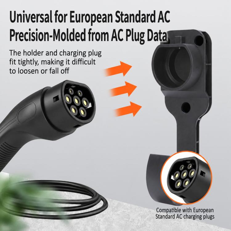 Black EV charging plug holder with circular connector socket and latch opening