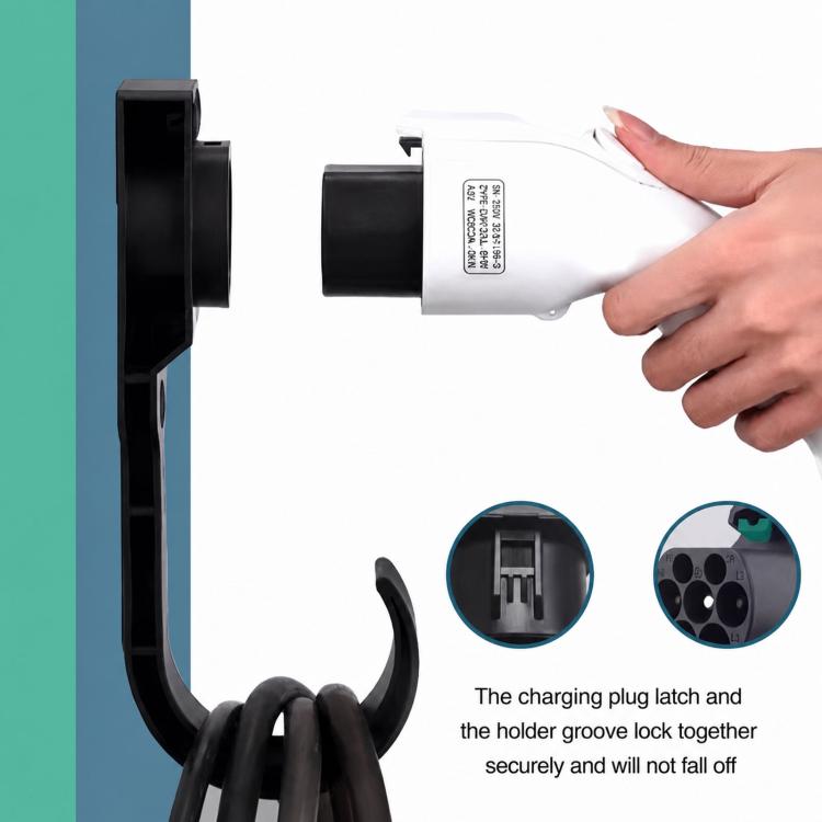 Black wall-mounted EV charging holder with charging plug being inserted