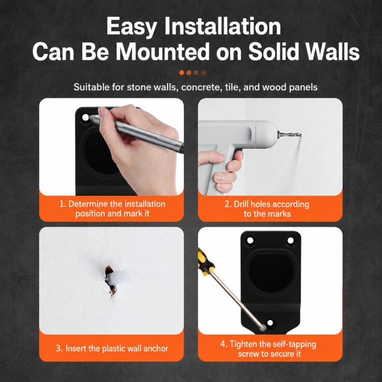 Black EV wall-mount charging holder with mounting screw holes shown