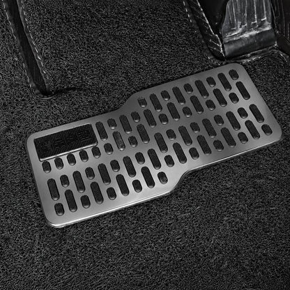 Stainless steel car heel protector plate with raised anti-slip tread for driver side