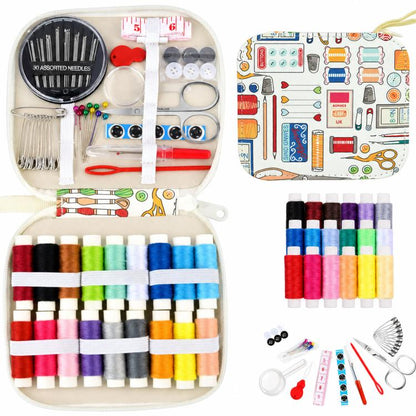Travel sewing kit with printed zipper case, assorted needles, thread spools, buttons