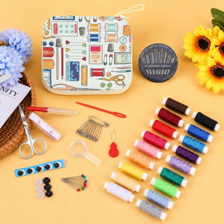 Travel sewing kit with colorful tool supplies and printed zipper case