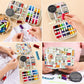 Travel sewing kit in use, person holding thread case with needles and spool rows