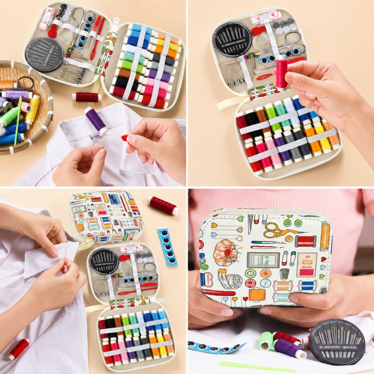 Travel sewing kit in use, person holding thread case with needles and spool rows
