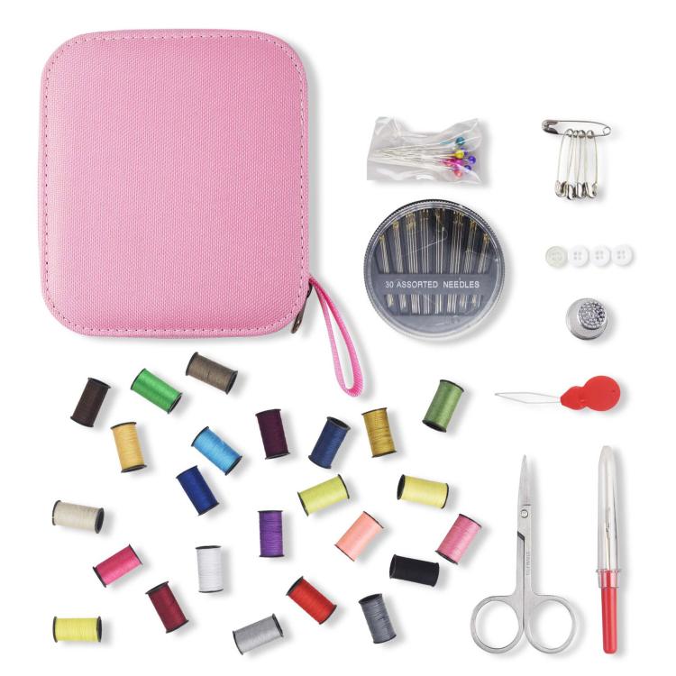 Pink square zipper sewing kit pouch with assorted thread spools, needles and scissors