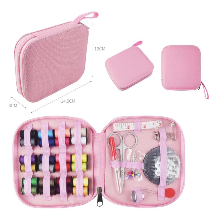 Pink zipper travel sewing kit case open, thread holders and included sewing tools