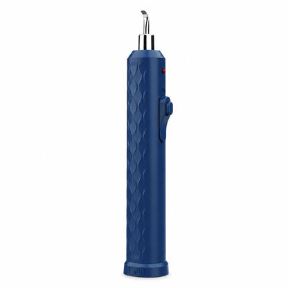 Blue handheld heat tool with raised button and metallic heating tip