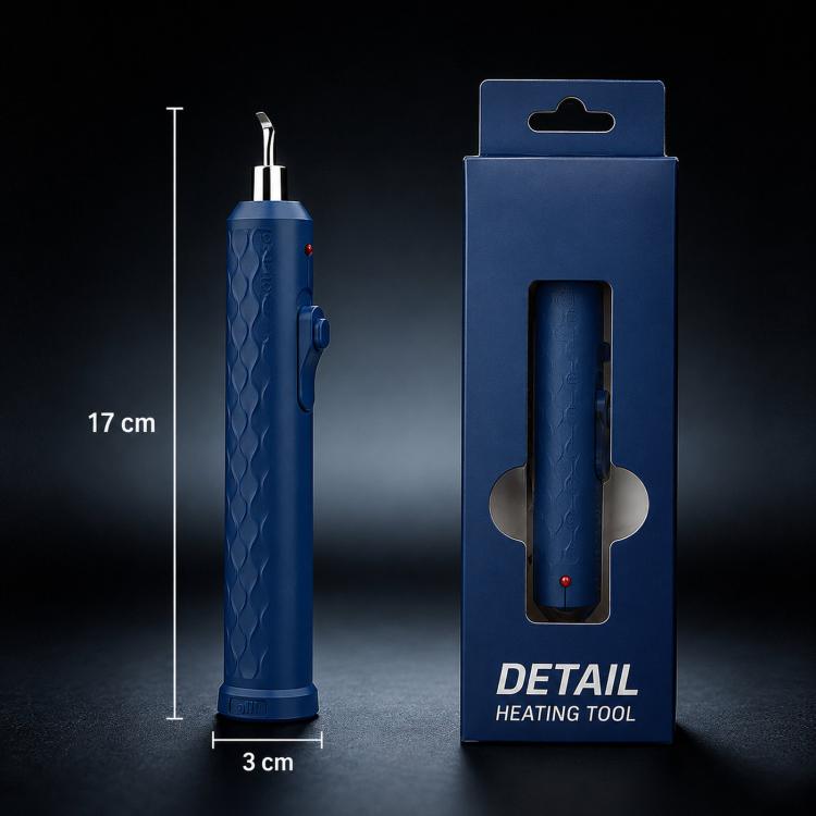 Blue heated film tool in retail box, showing compact 3 cm width and height