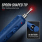 Blue heating pen with spoon-shaped metal tip and red indicator light