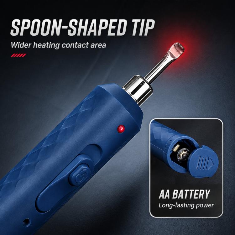 Blue heating pen with spoon-shaped metal tip and red indicator light
