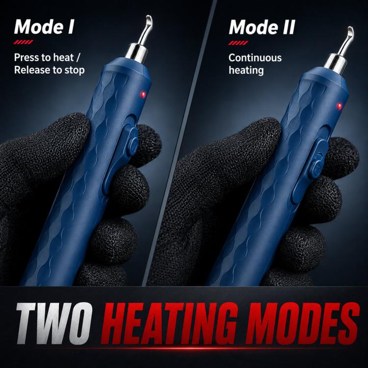 Blue heat pen with two heating modes, shown with black-gloved hands