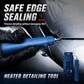Blue heated detailing tool for edge sealing, held by black-gloved hand near seam