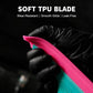Soft TPU-style pink blade window squeegee with teal body, held in a gloved hand