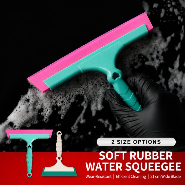 Teal window squeegee with pink blade held by a gloved hand for water removal