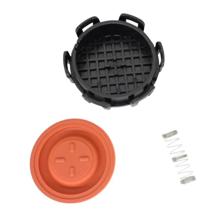 Valve cover cap set with black vented cover, orange cap, and metal spring