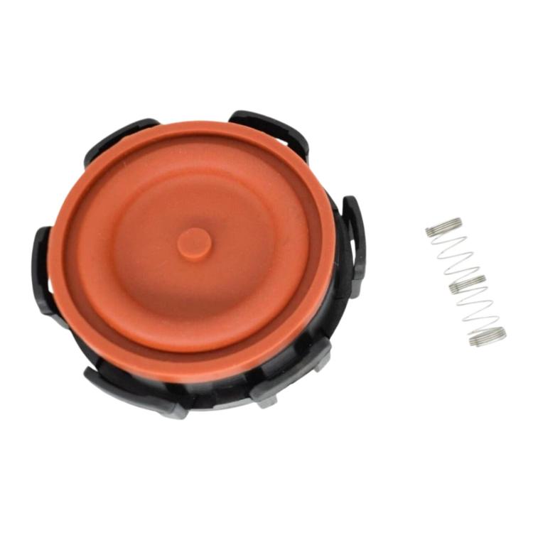 Valve cover cap set with orange cover, black clips, and metal spring